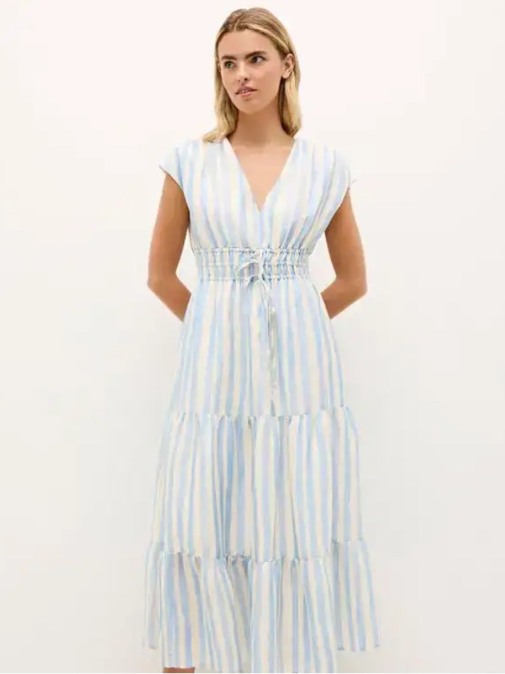 Marie Oliver Watercolor Stripe Midi Dress - Light Blue & White